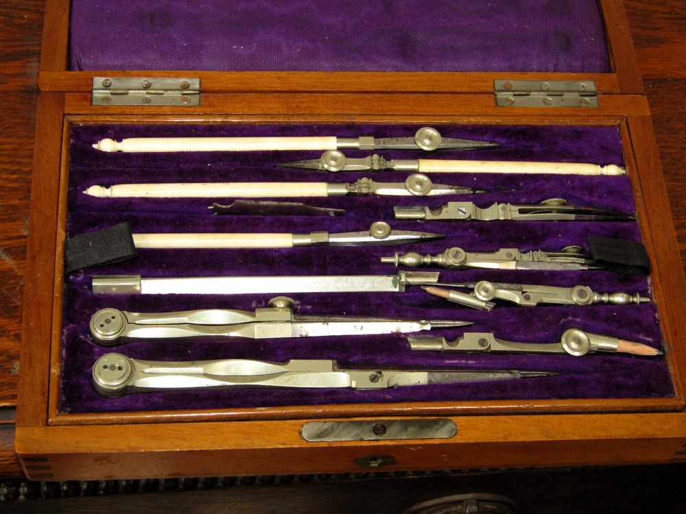 Antique Vintage Walnut Box Draftsman Drawing Set Geometry Technical Engineering