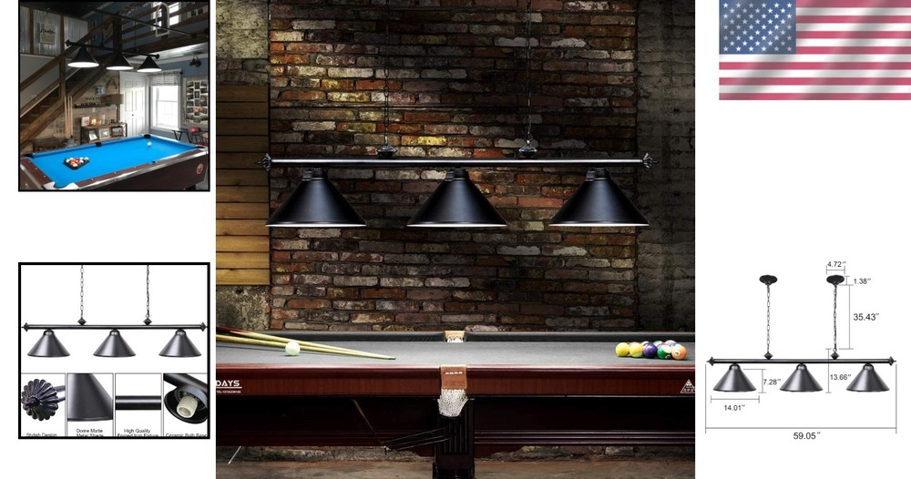 Industrial-Style Pool Table Light - 3 Lights with Adjustable Matte Black Shade