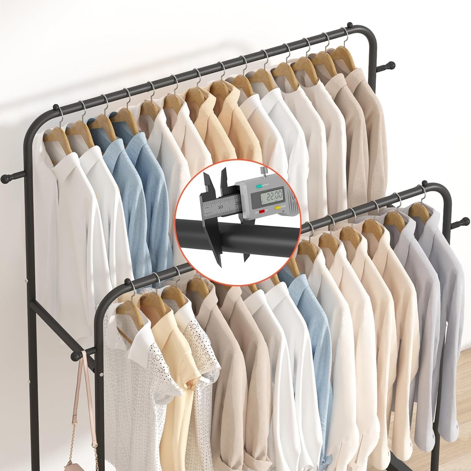 Laiensia Double Rods Garment Rack with Wheels, Clothing Rack for Hanging Clothes