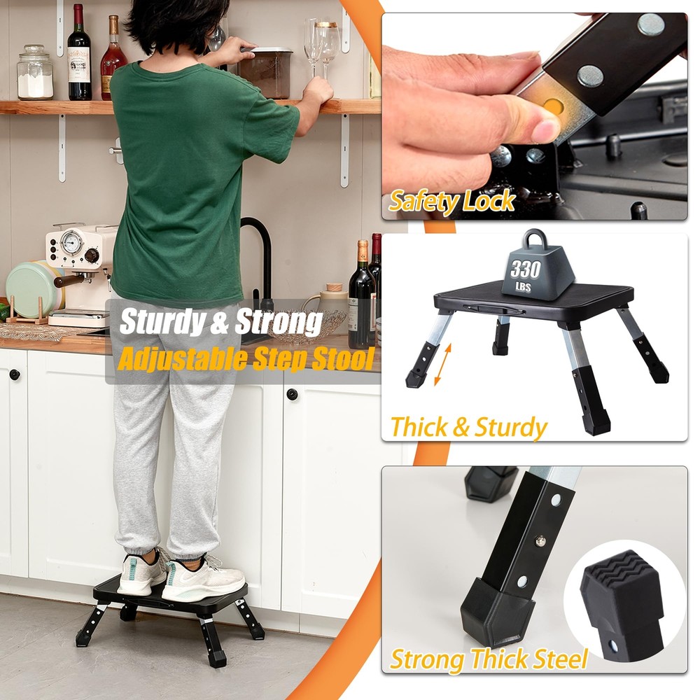 Folding Step Stool Height Adjustable 1- Step 330lbs Sturdy Portable Step Plat...