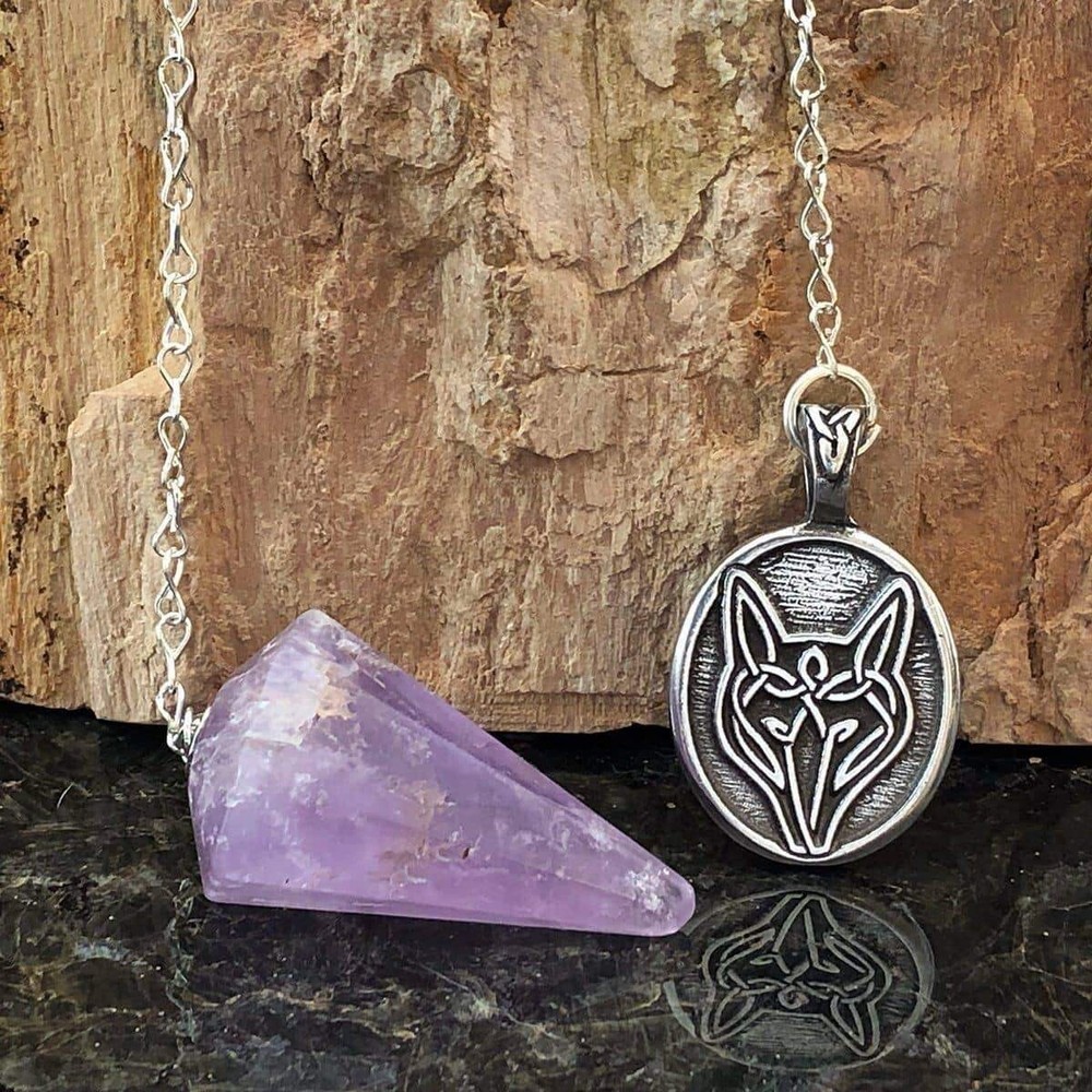 Celtic Pewter Wolf Pendulum - Amethyst made in USA