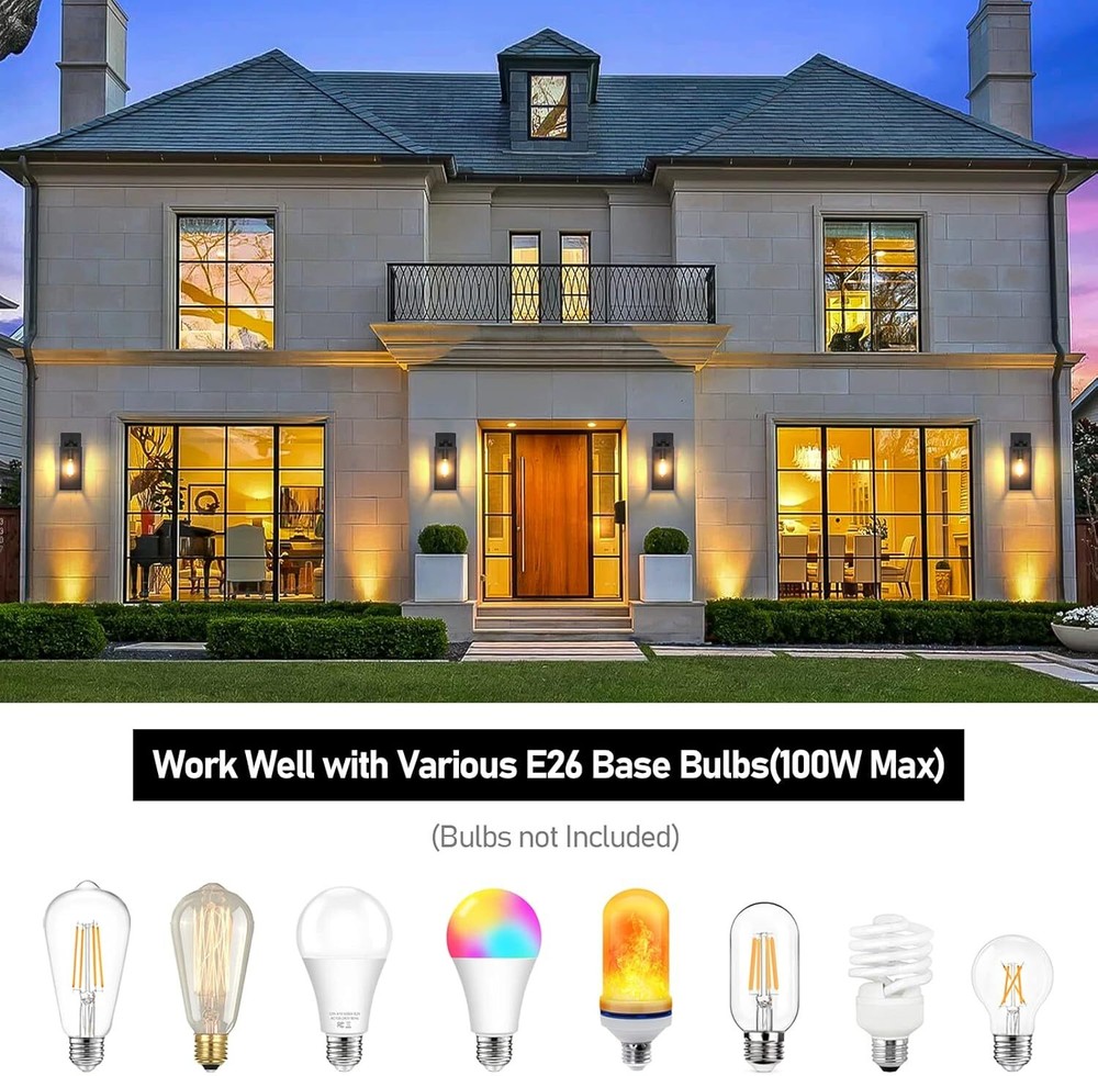 Outdoor Wall Sconce Fixture with E26 Socket Matte Black Wall Sconce, 2-Pack