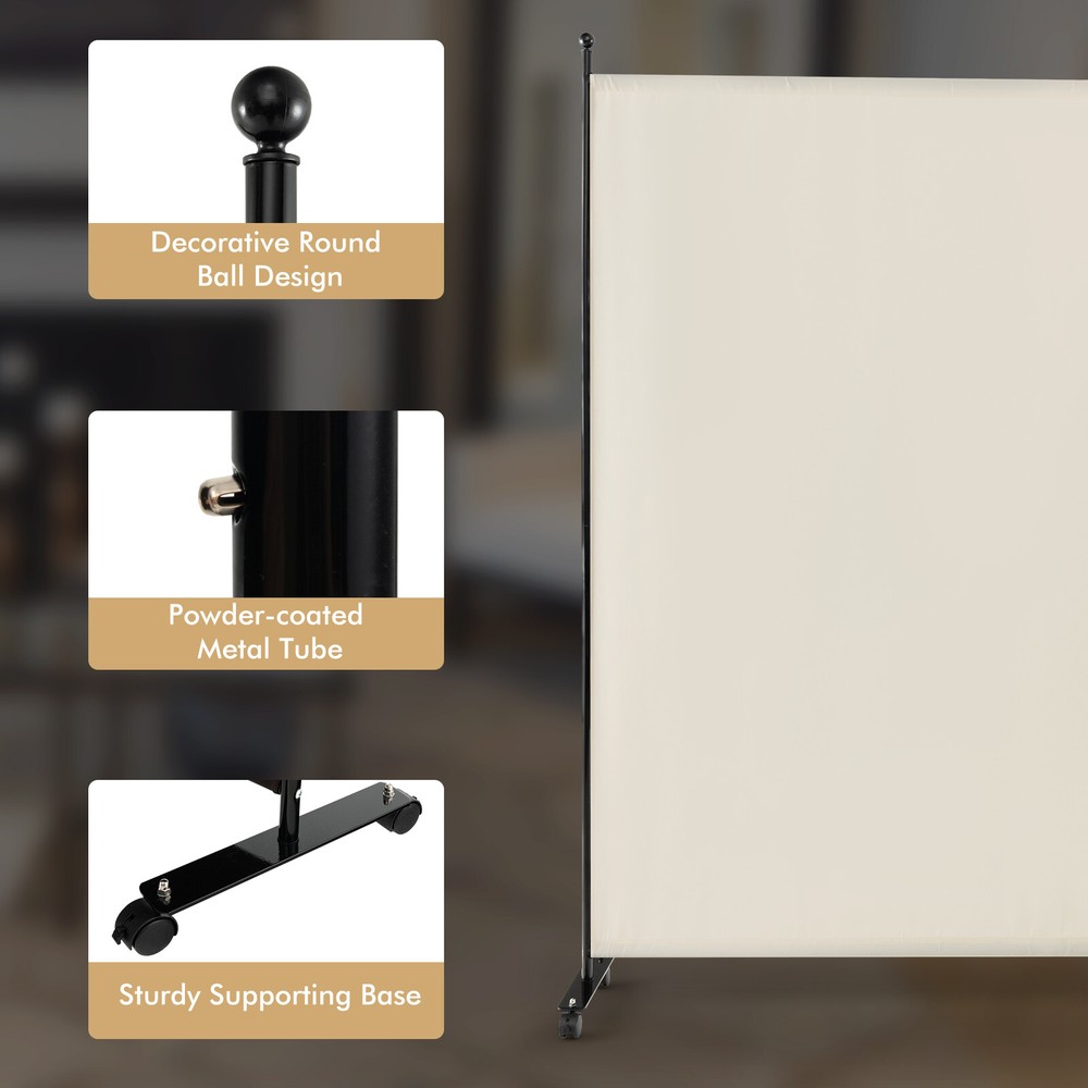 6FT Single Panel Room Divider w/ Wheels Rolling Fabric Partition Privacy Screen