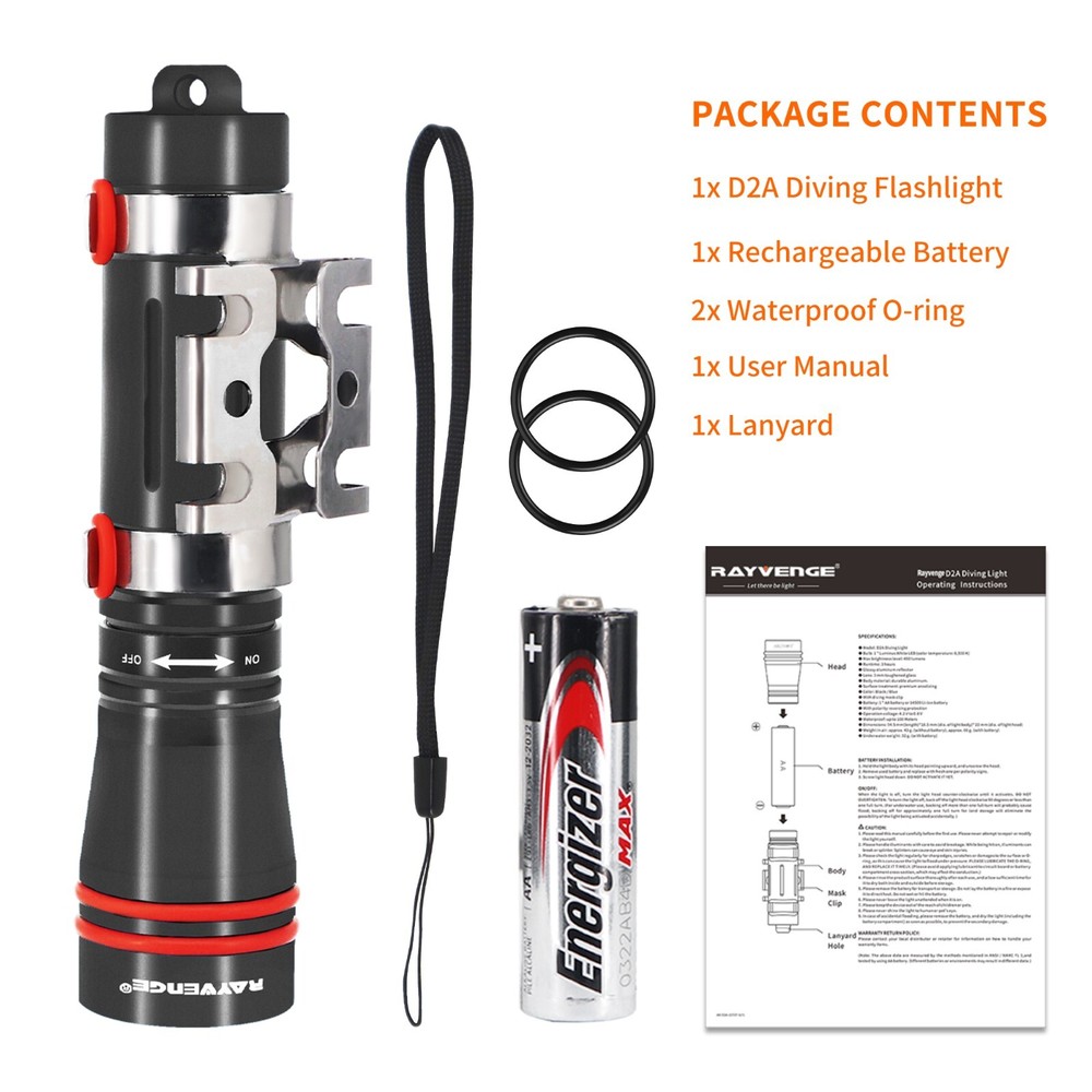 D2A Diving Flashlight Mini Scuba Dive Headlamp Underwater 100M Backup