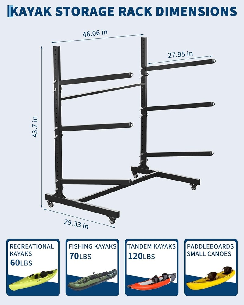 Freestanding Adjustable Kayak Rack Rust-Resistant Carbon Steel Frame for Storage