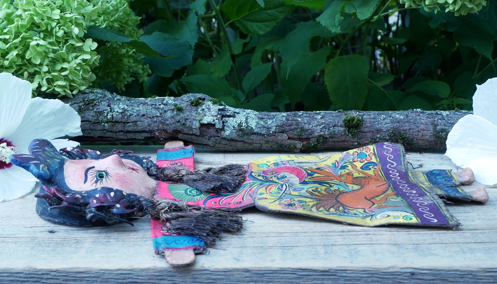 Girl Fish Hat Hand Painted Bird & Deer Handmade Canvas & Coconut Mexico Folk Art