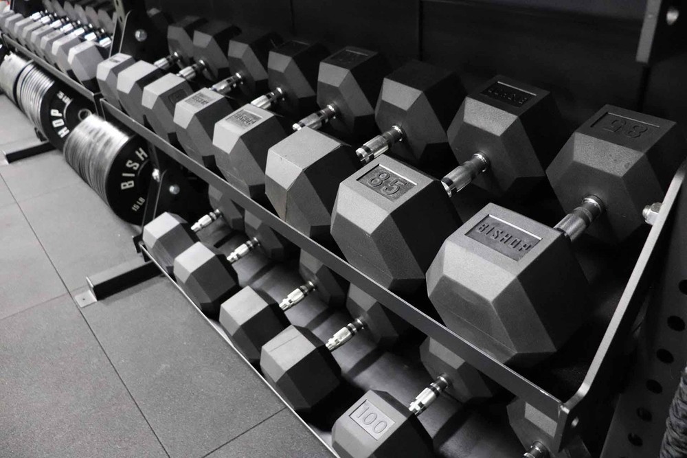 Bishop Barbell 5-50lb Rubber Hex Dumbbell Set