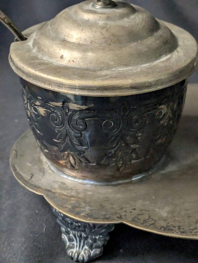 Vintage Silver Plated Floral Condiment Jam Caddy w Spoons Crown Stars Mark
