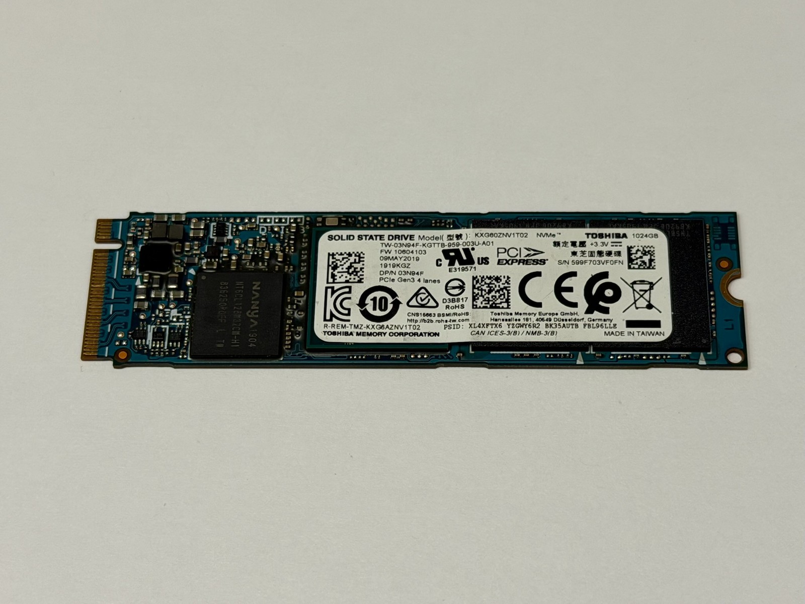 Toshiba 1TB M.2 2280 NVMe Solid State Drive KXG60ZNV1T02 1024GB Dell 3N94F
