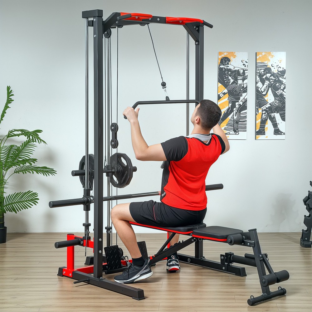 Smith Machine Power Squat Rack with Pull Up Barbell Bar Lat Pull Down System