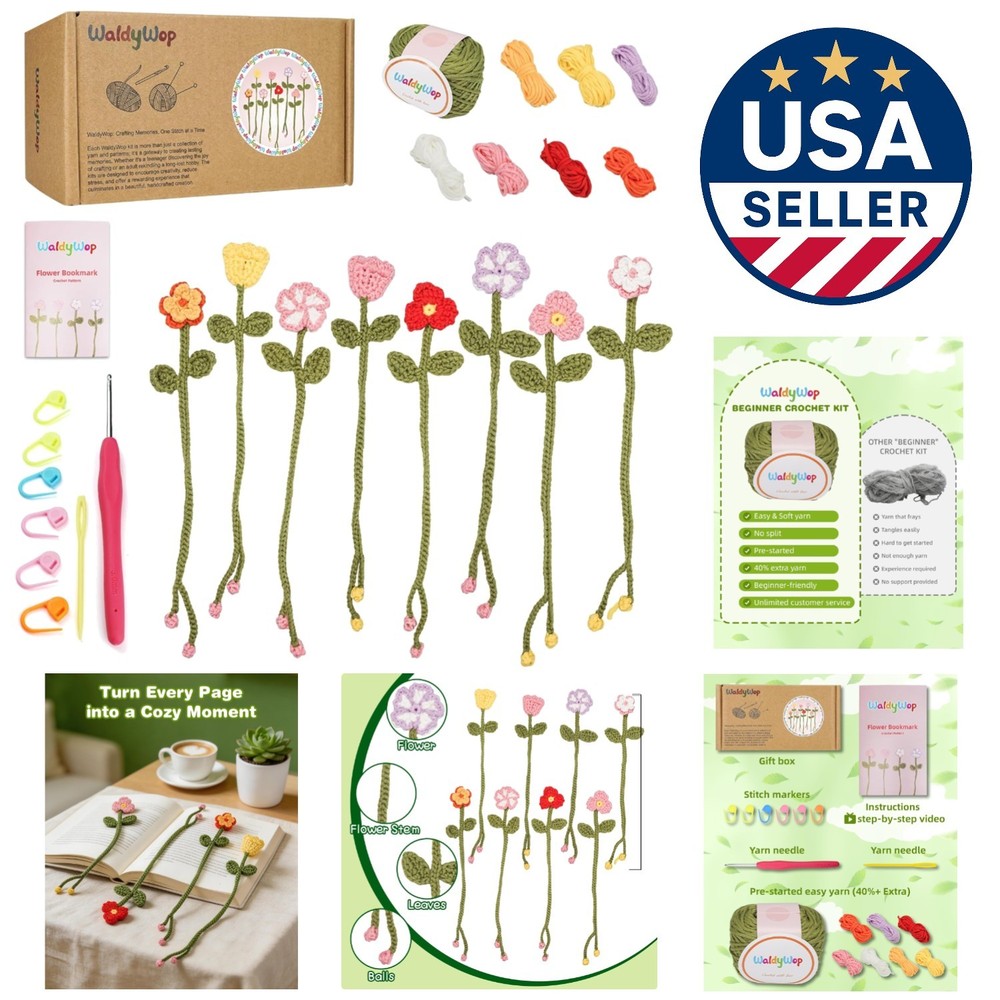 Beginner Crochet Kit: 8 Colorful Flower Bookmarks with Easy Video Tutorials