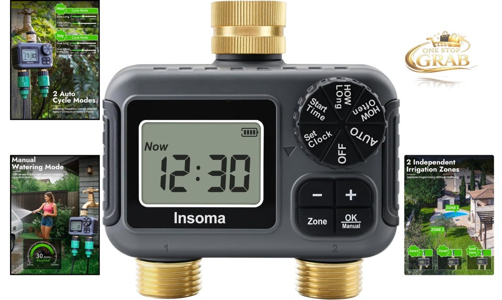 2-Zone Brass Water Timer Outdoor Hose Faucet Controller Rain Delay