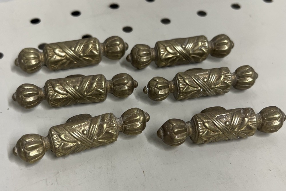 6 Small Vintage Brass Drawer Pulls Antique Handles