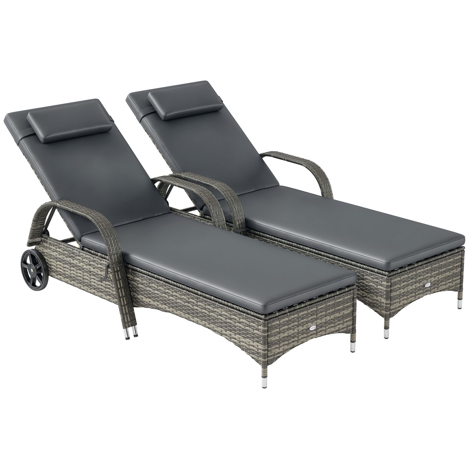 Outdoor PE Rattan Reclining Sun Lounger Set of 2 w/ Cushion, Wheels, Gray