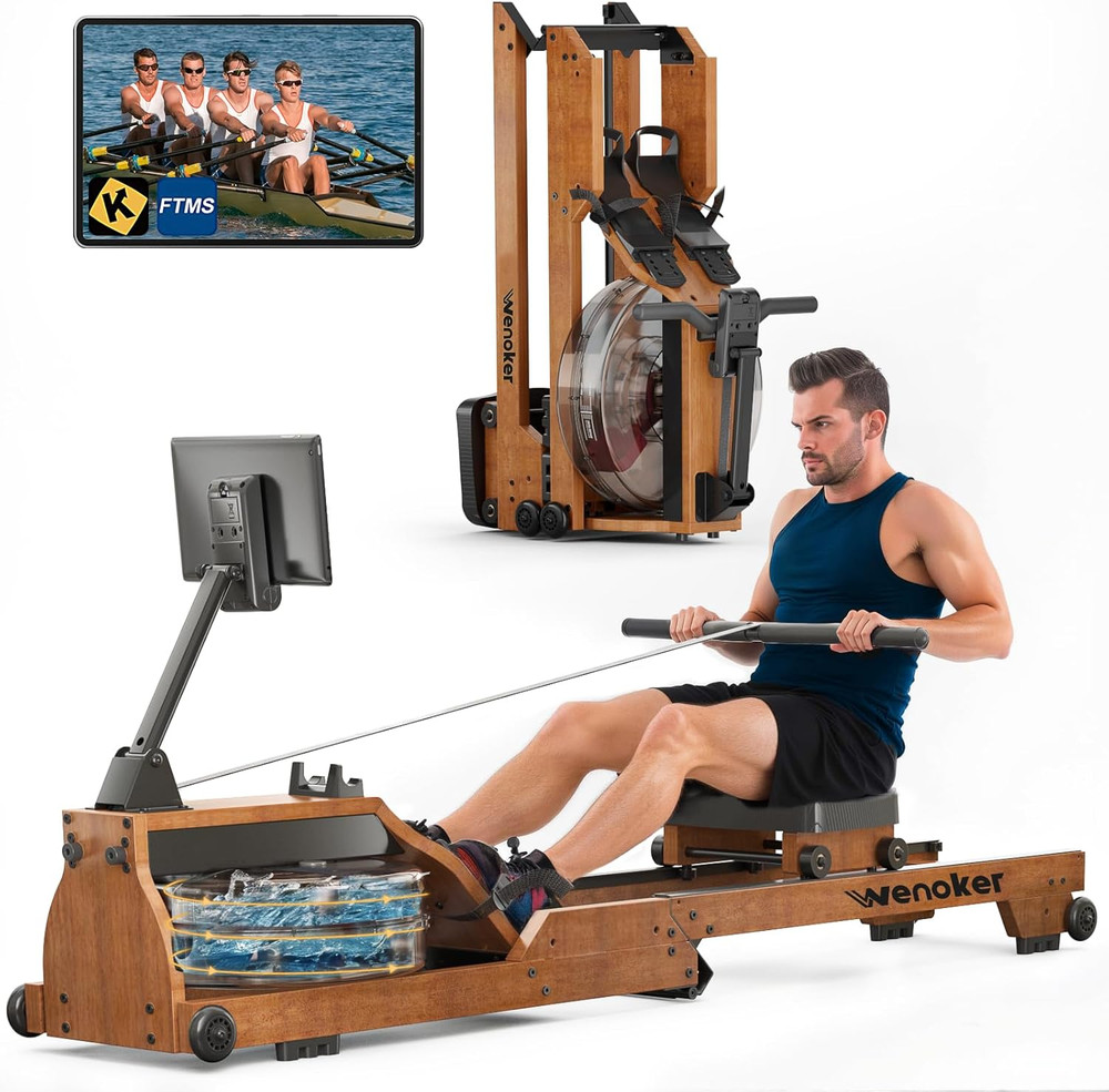 Water Rowing Machine for Home Use, Wooden Foldable Rower Machine with Adjustabl