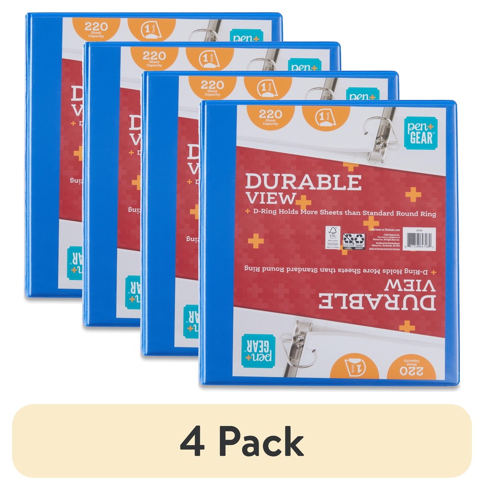 Pen+Gear Durable View 1" D-Ring Binder, White, 4 Count