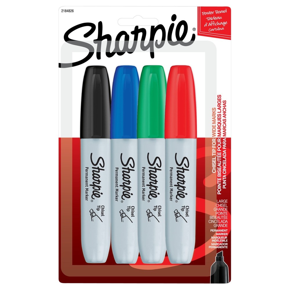 Permanent Markers, Chisel Tip, Assorted Colors, 4 Count