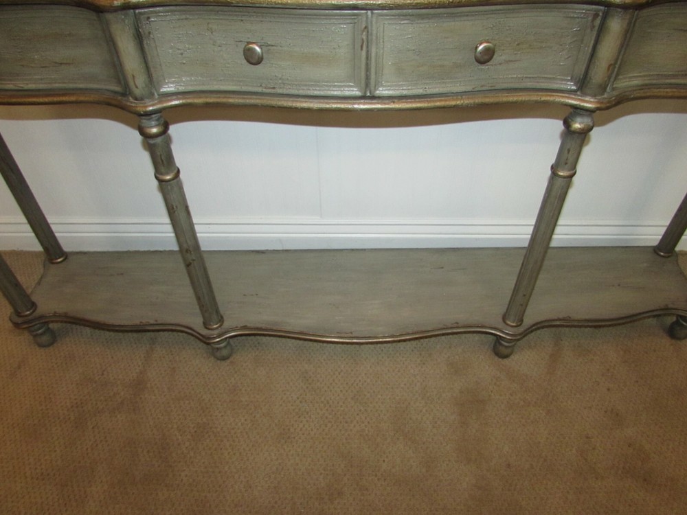 DECORATORS TWO TIER CONSOLE, SOFA TABLE, THREE DRAWERS, GREY FACTORY FINISH