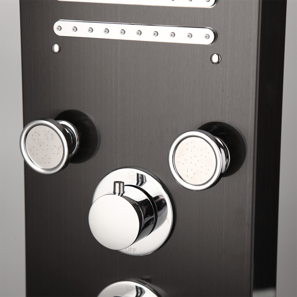 Bathroom Black Wall Mount Shower Panel Column LED Rainfall Jets Shower Mixer Tap