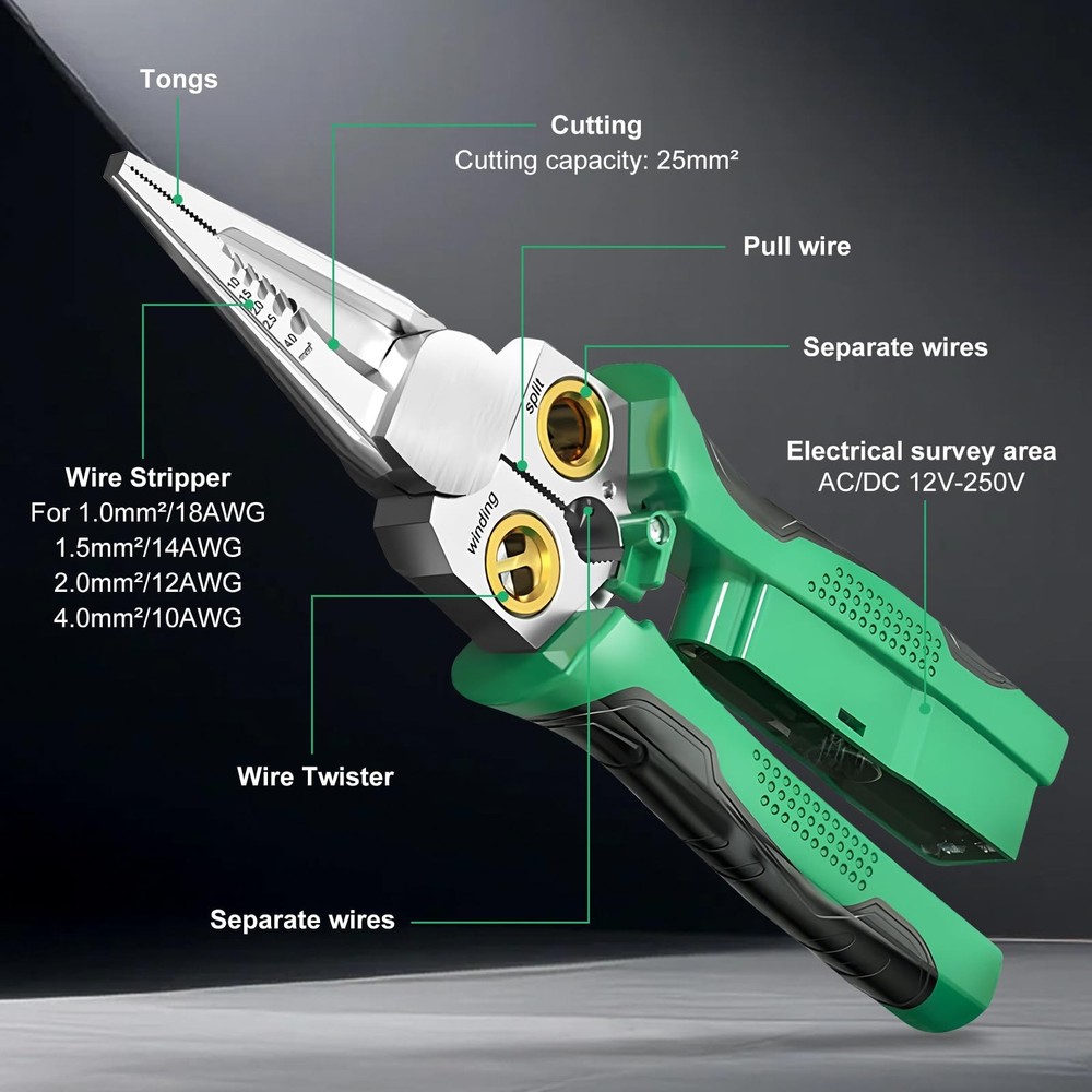 8 in 1 Wire Stripping Pliers with Voltage Tester, Multi-function Green