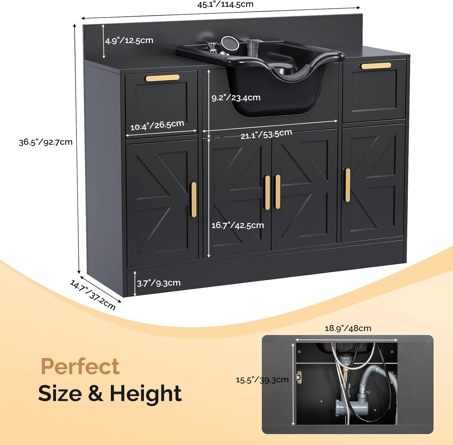 Salon Station, Shampoo Bowl with Cabinet & Drawer, UPC Certified Sprayer Faucet