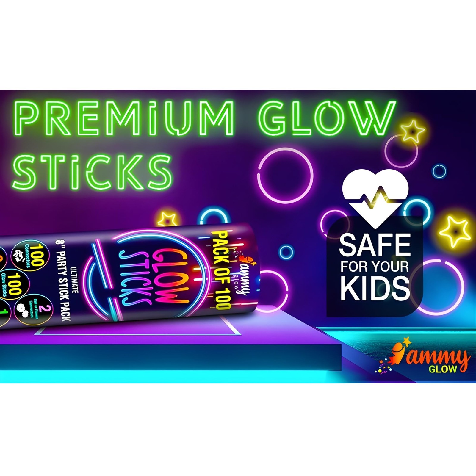 Ammy Glow-Glow Sticks-100 Pack Bulk Party favors for Kids-Neon 100 Pack, Blue