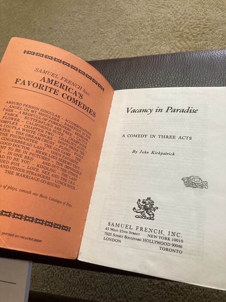 Script for VACENCY IN PARADICE A COMEDY IN THREE ACTS BY JOHN KIRKPATRICK