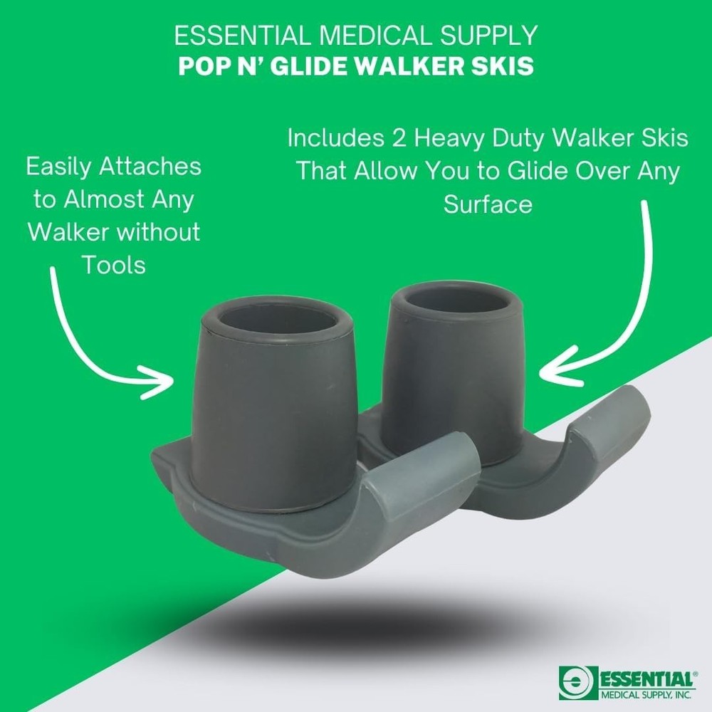 Pop & Glide Universal Fit Walker Ski Glides - Gray 2 Pack for Smooth Mobility