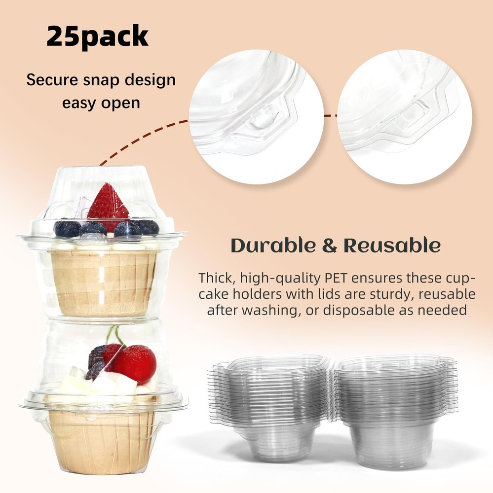 25 Pack Individual Cupcake Containers, Plastic Cupcake Boxes with Lids, Stack...