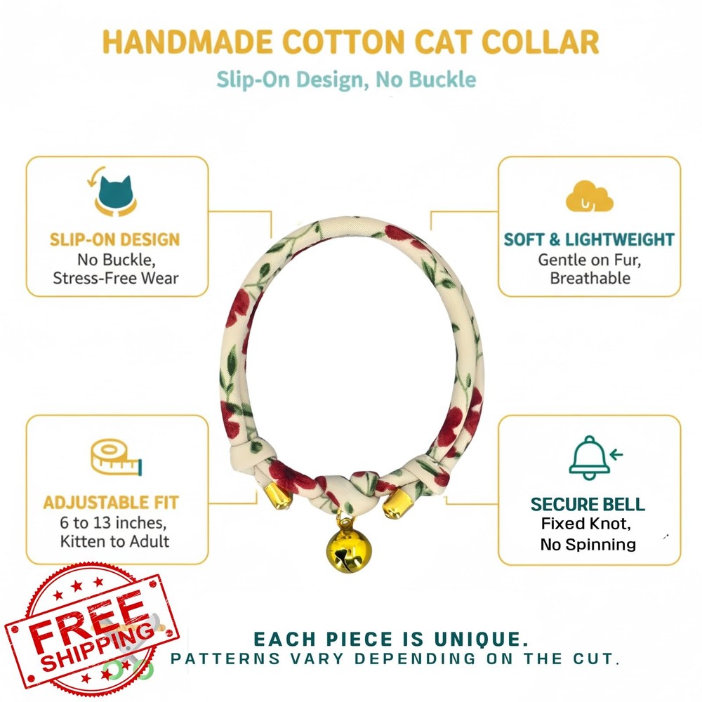 Cat Collar Bell Soft Cotton Kitten Ruby Handmade