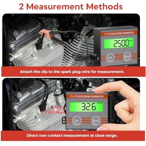 Inductive Digital Engine Tachometer with Clip - Mini Gauge, Hour Meter & Backlig