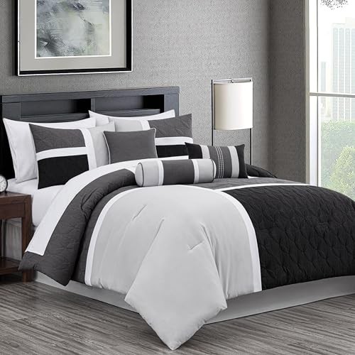 Upland 7-Piece Quilted Patchwork Comforter Set Queen Black/Gray/Light Gray