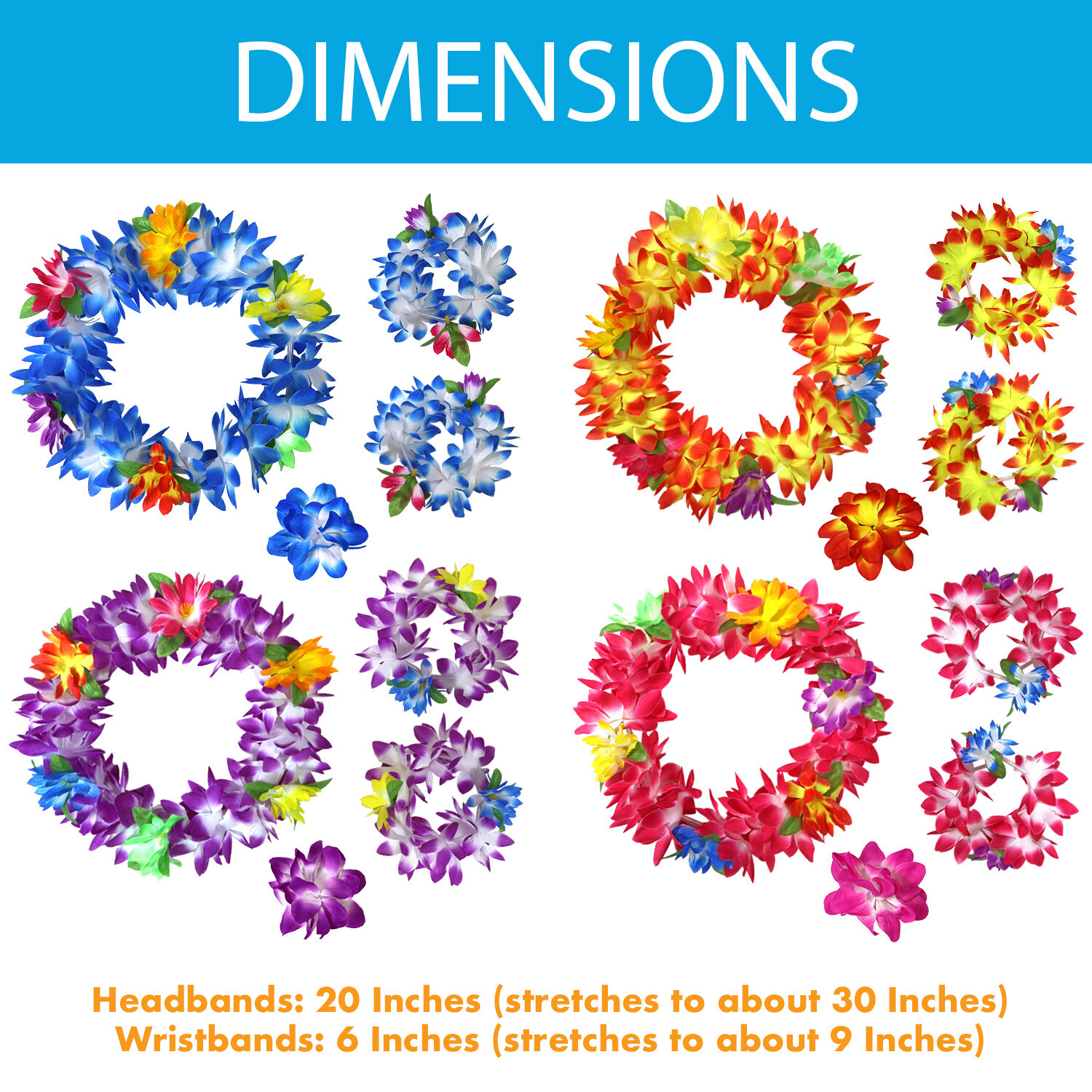 16 Piece Set Hawaiian Flower Leis Headband, Bracelet and Hair Clips Luau Party