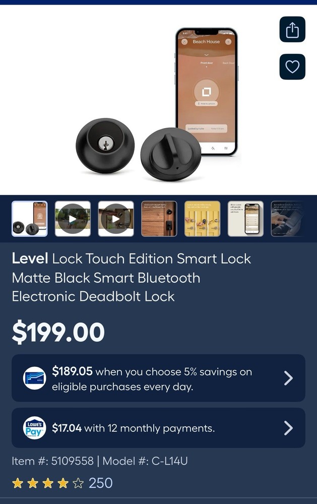 Level Lock Touch Edition Smart Lock Bluetooth Apple HomeKit Ring Compatible NEW