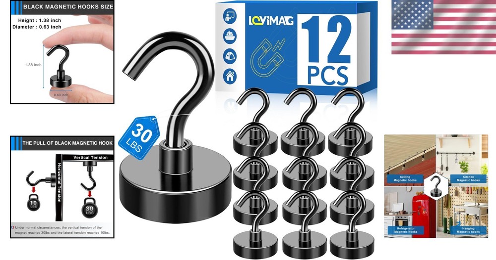 Magnetic Hooks, 12 Pack - Heavy Duty, Black, Rust Resistant, 30lbs Capacity, ...
