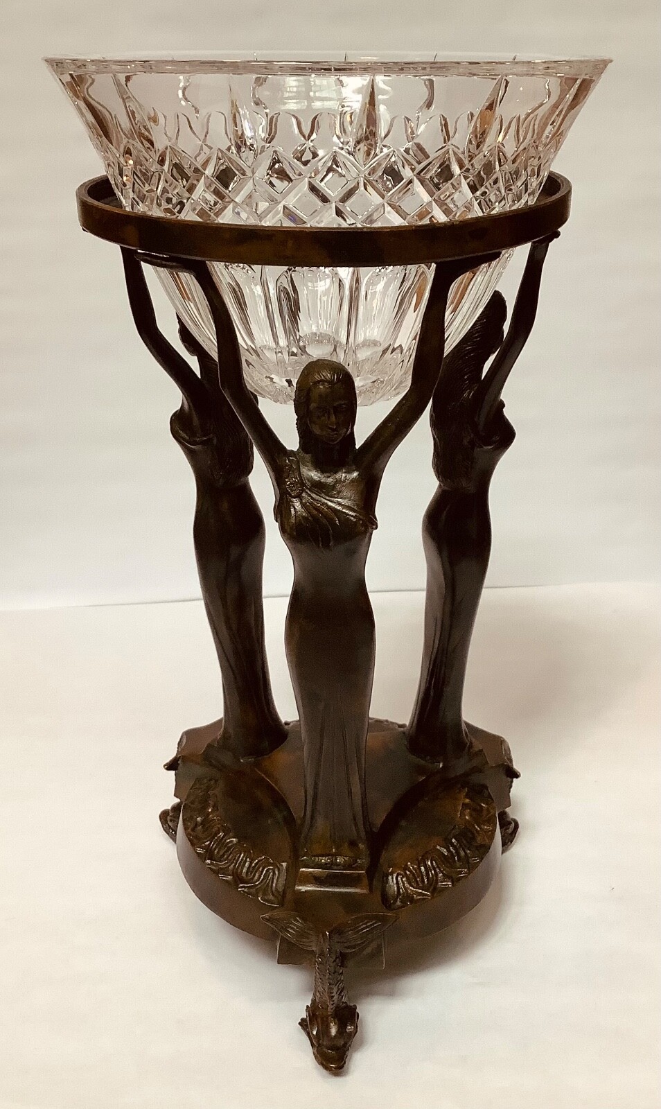 Nouveau Neoclassical Bronze Three Graces Centerpiece Orb or Bowl Stand Koi Feet