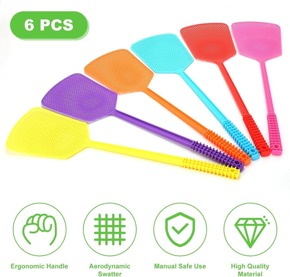 Fly Swatter,Plastic Flyswatters Multi-Pack,6 Bulk Vibrant Colorful Assorted