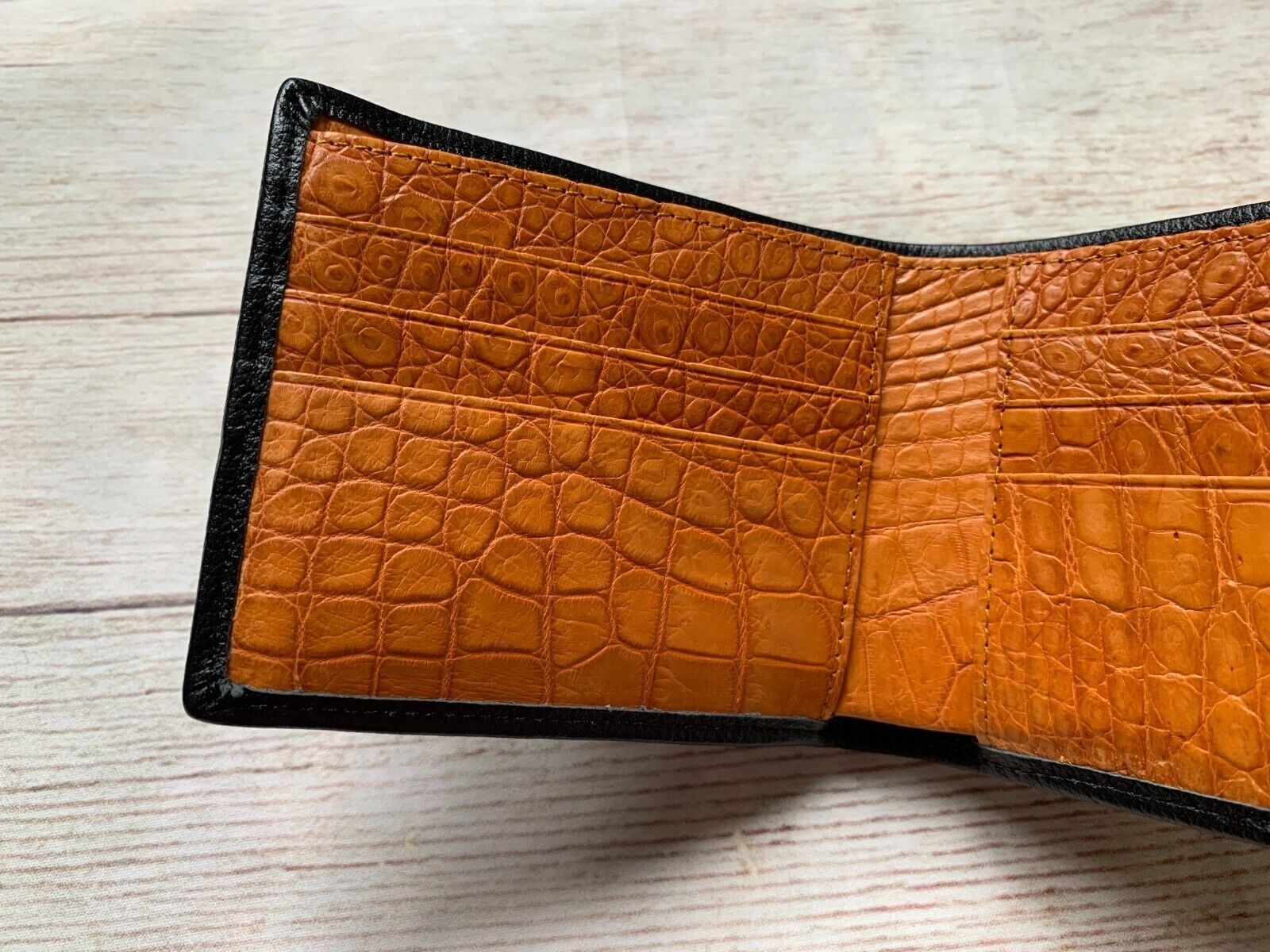 Black/Orange Leather Bifold Wallet Handmade RFID Blocking