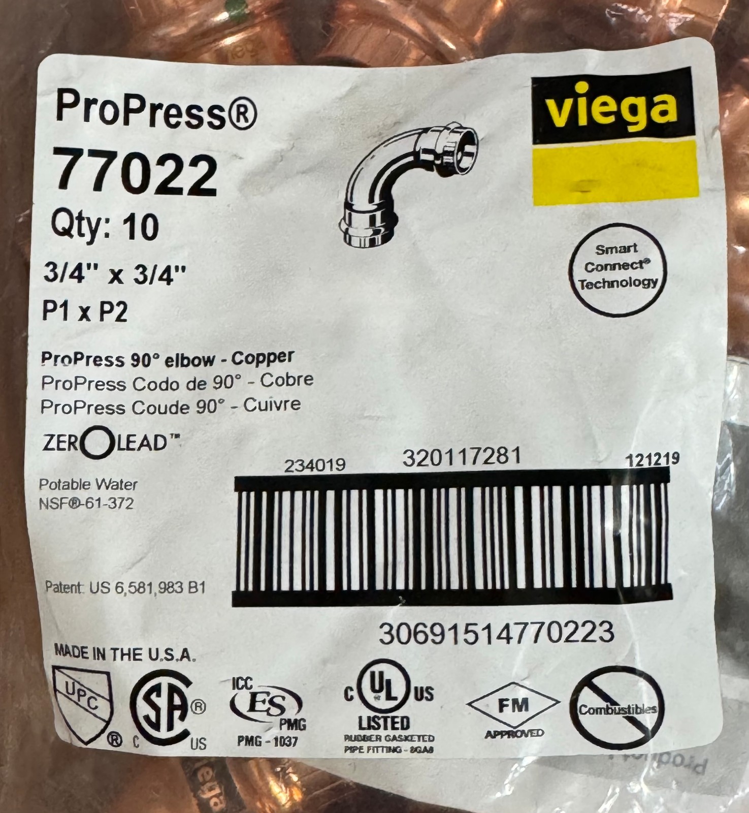 NEW 10PK Viega 77022 ProPress Copper 3/4" x 3/4" 90 Degree Elbow P1 x P2 ~Fr.Sh.
