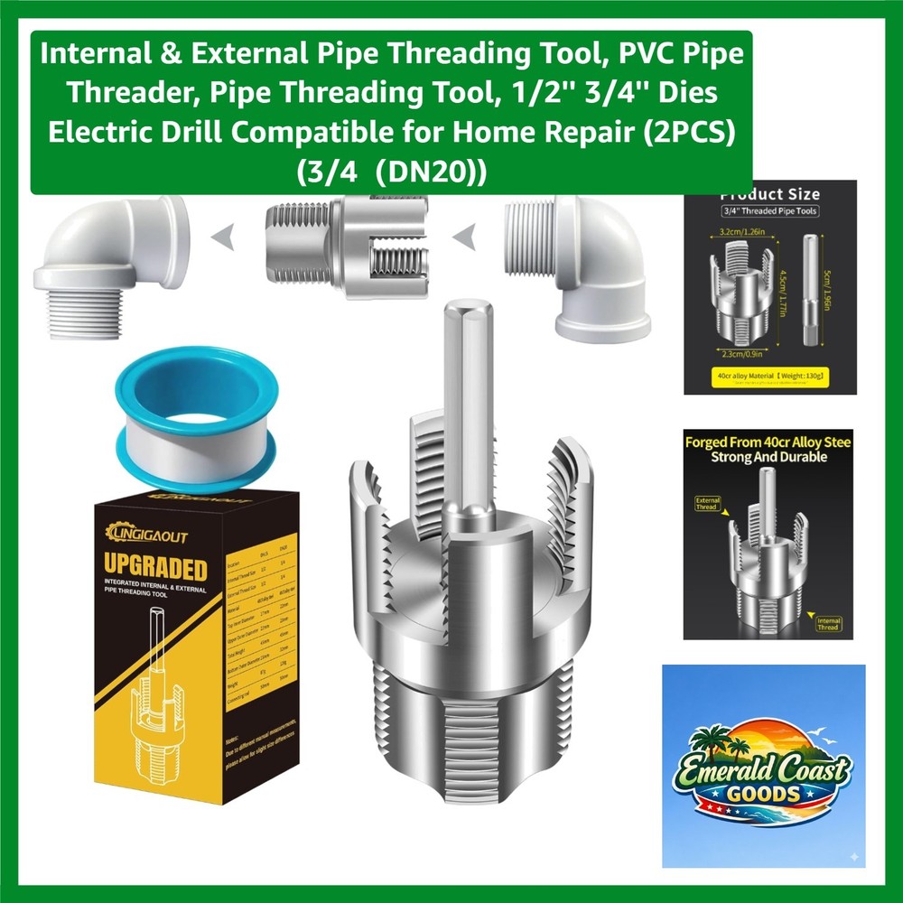 Dual-Function PVC Pipe Threader for Drill - 1/2'' & 3/4'' Compatible Tools