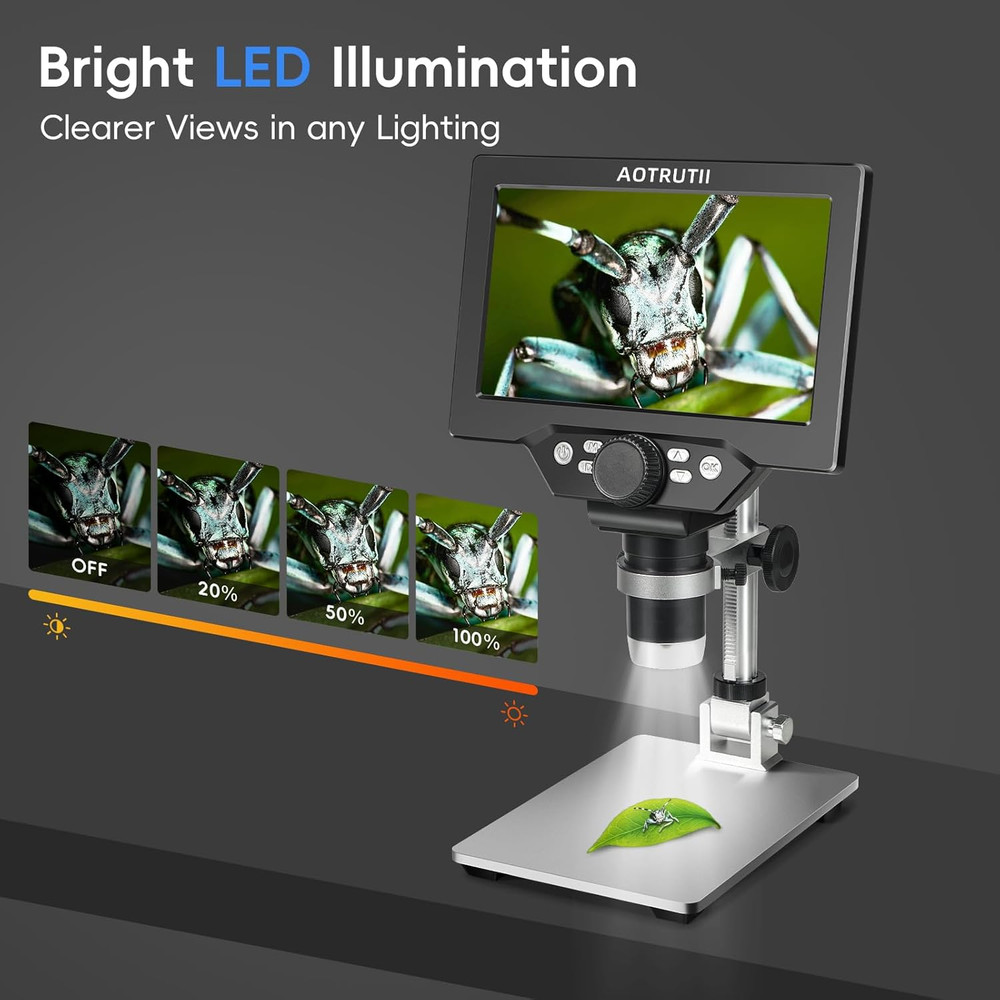 7" LCD Digital Microscope 1200X Magnification, 1080P Coin Microscope with Metal