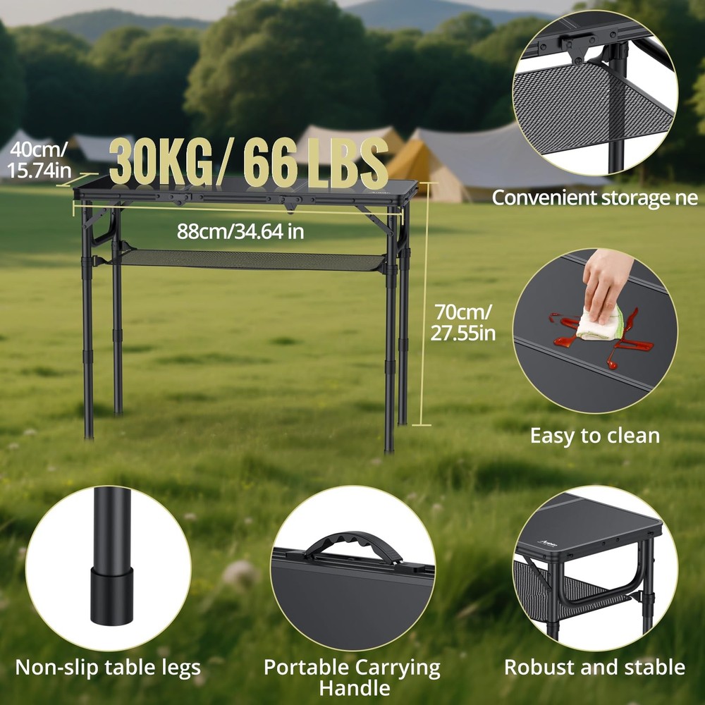 Folding Camping Table with Storage Net, 3ft Camping Table Aluminum Folding Ta...