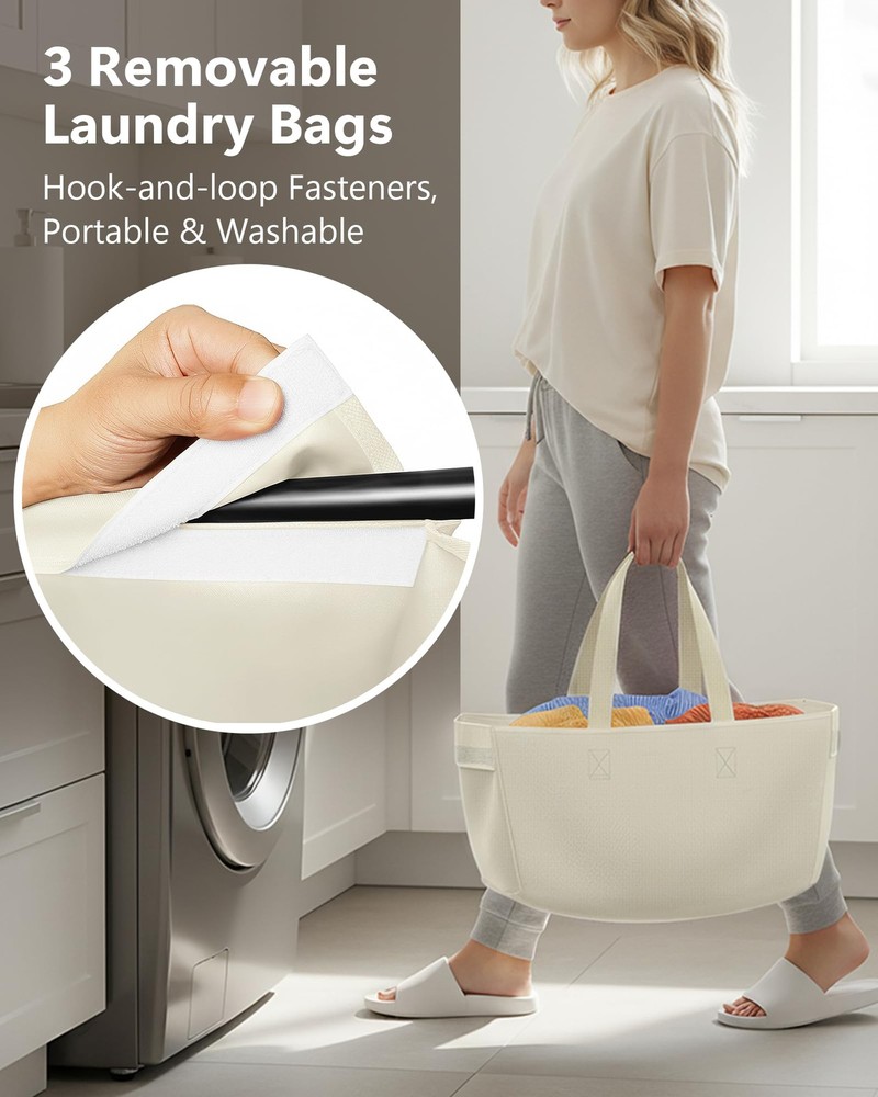 Moforoco Vertical Laundry Sorter 3 Section with Removable With Wheel, Beige