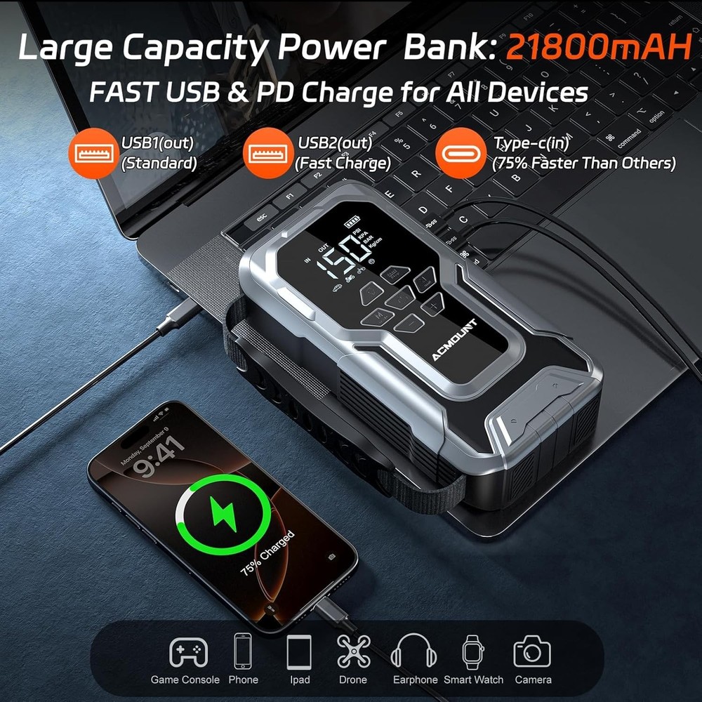 D18 Jump Starter with LED Light, 6000A Power & Air Compressor - Compact Design
