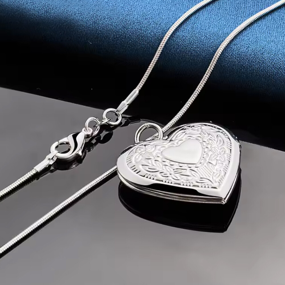925 Sterling Silver Plated Heart Necklace, Locket Photo Picture Pendant 18" N1