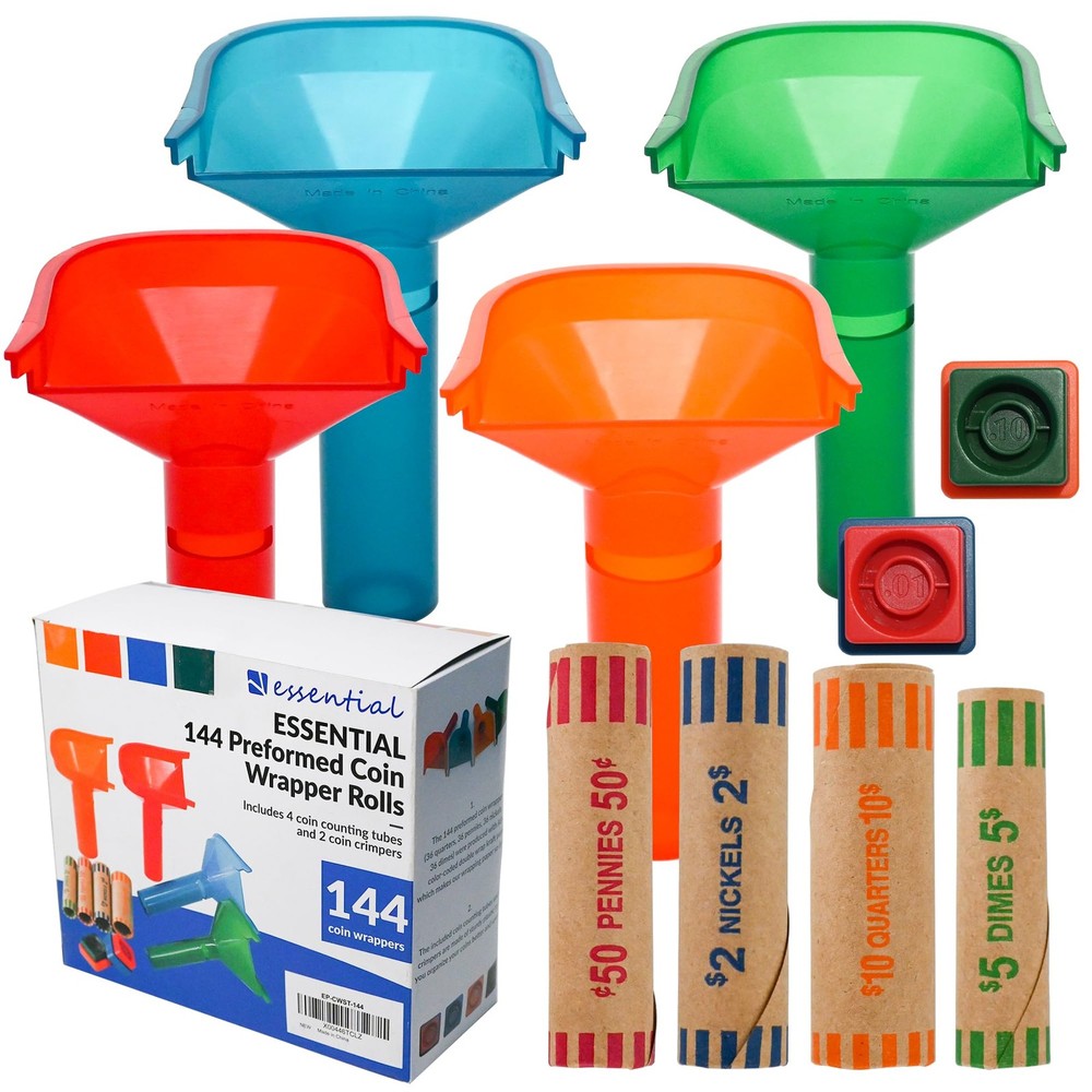 144 Pcs Assorted Preformed Coin Wrapper Rolls with Color Coded Coin Counter T...