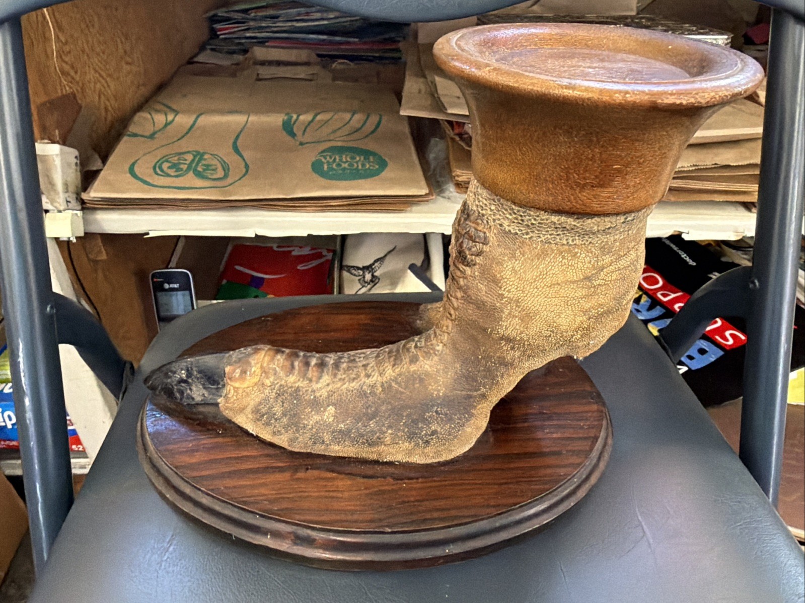 Vintage Ostrich Foot Stand w/ Wooden Dish Australian Curio Decor