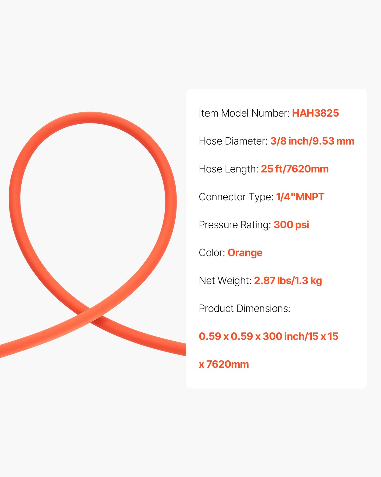 VEVOR Air Hose 3/8'' x 25ft Hybrid Air Hose with 1/4 in Solid Brass Male Fitting