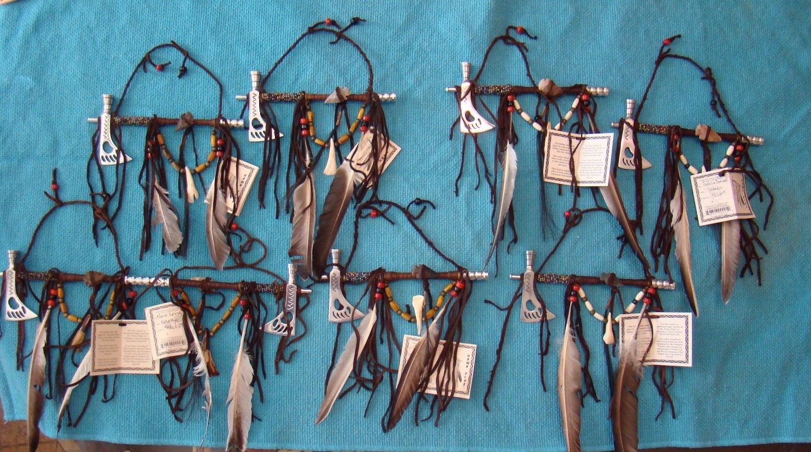 1-ONE Navajo Peace pipe 8" Long w/2 six" feathers, different color beads Works!!