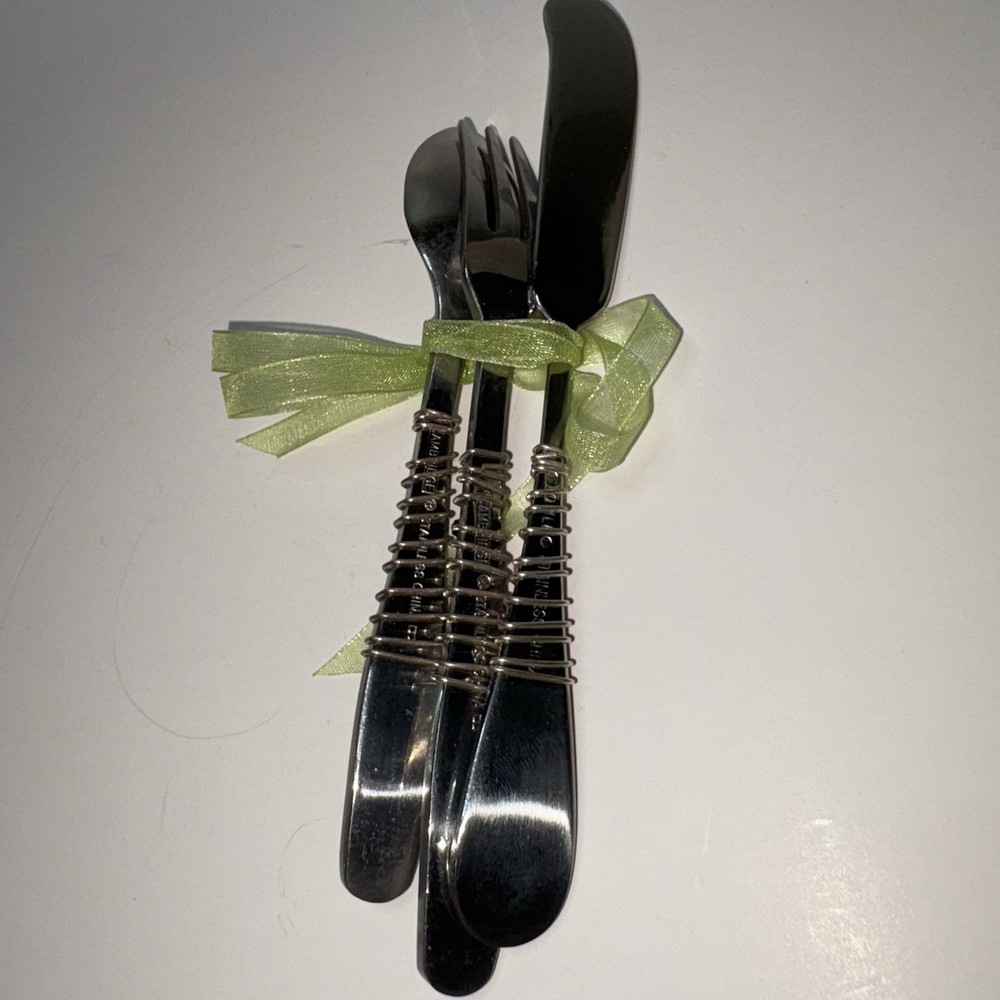 Hand Beaded Wire Wrapped Appetizer Small Spreader Fork and Spoon Set Stainless